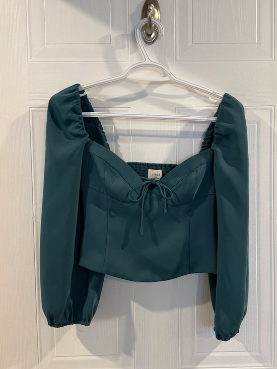 Aritzia Tops - Aritzia Teal Puff-Sleeve Tie-Front Crop Top